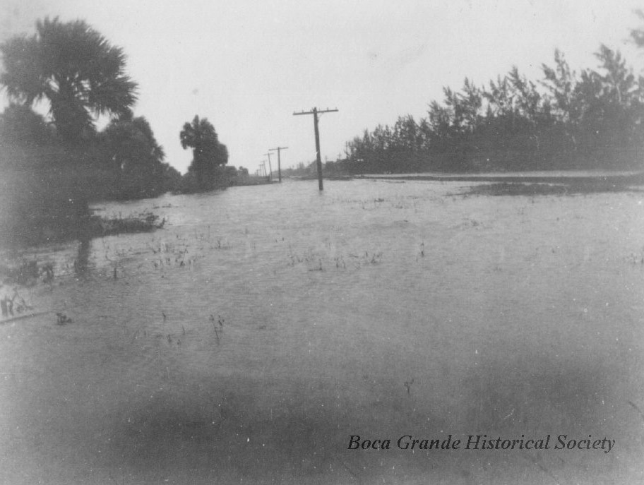 Flooding over the railroad tracks after the 1921 hurricane