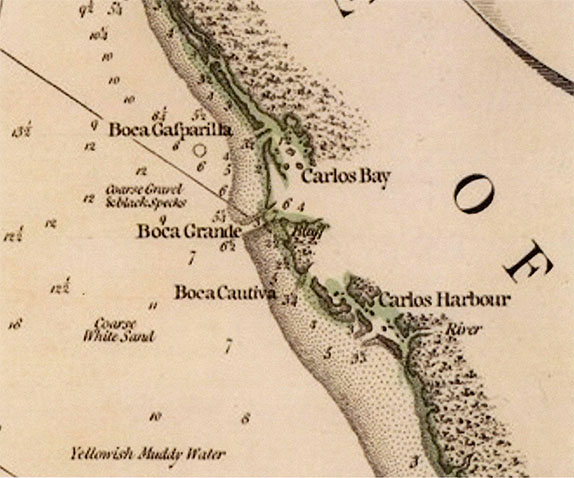 historical map of Boca Gasparilla, Boca Grande, Boca Cautiva, Carlos Bay and Carlos Harbour