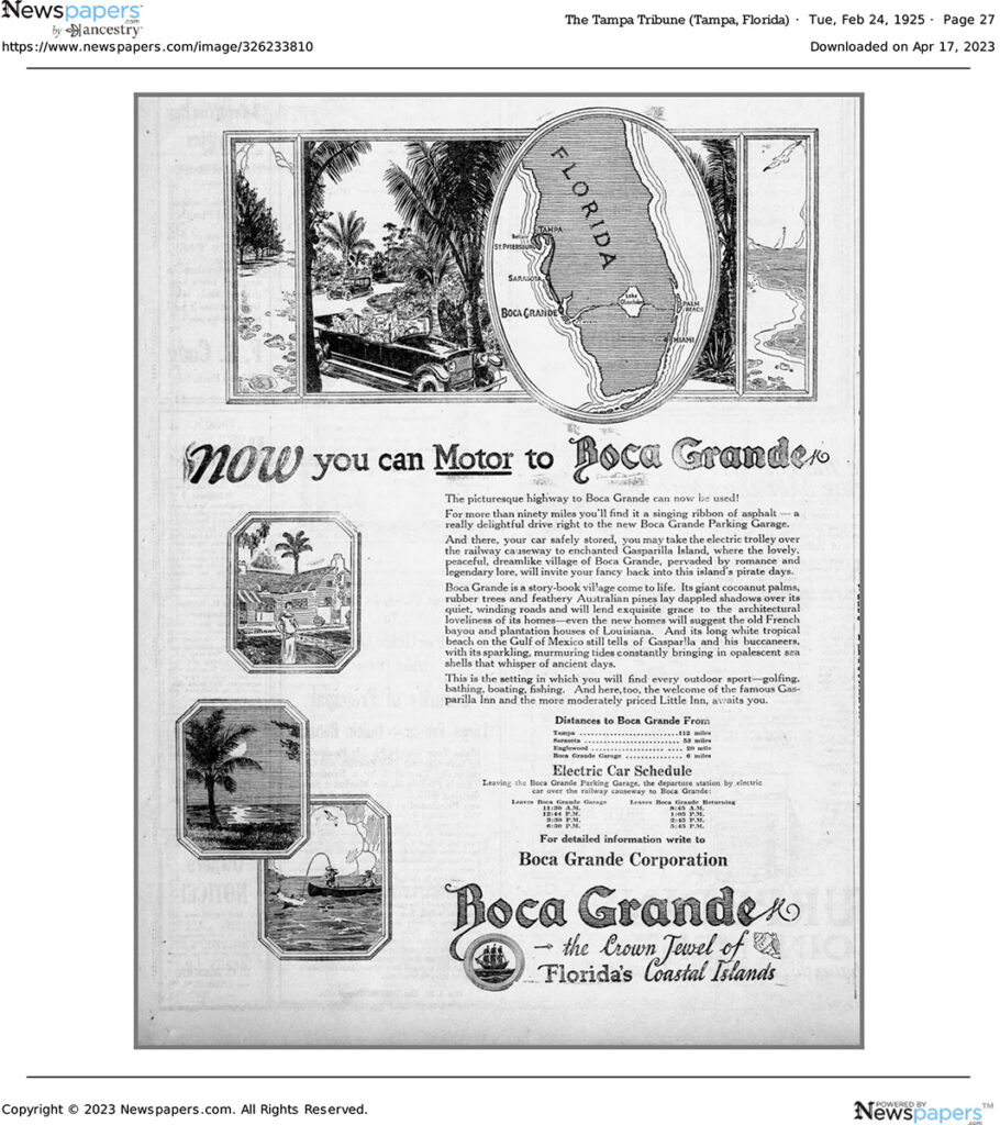 Article from in the Tampa Tribune, February 24, 1925, titled Now You Can Motor to Boca Grande
