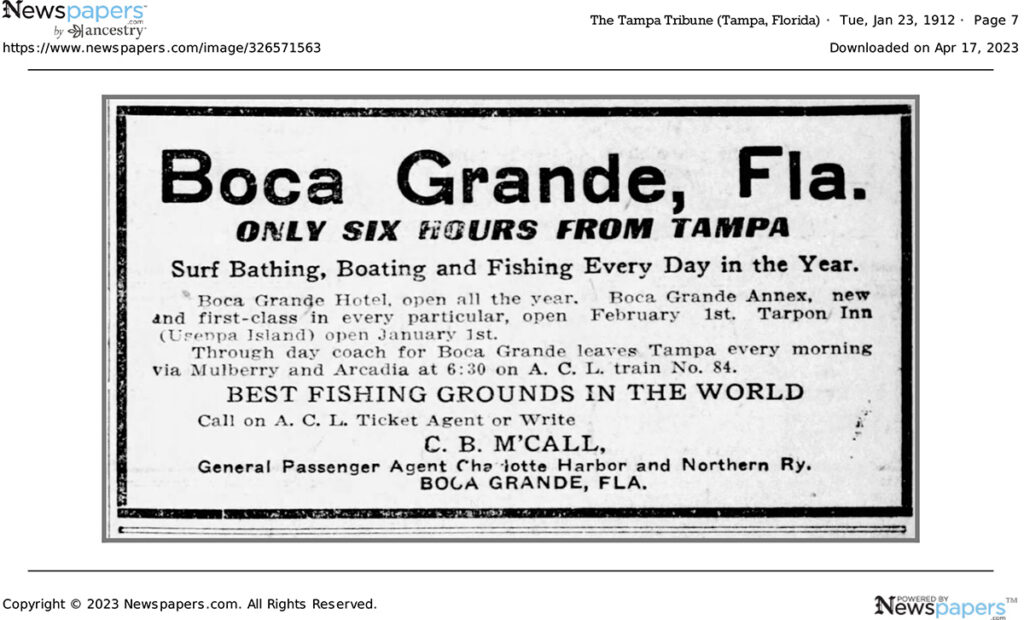 Article from The Tampa Tribune, January 23, 1912, titled Boca Grande, FLa. Only Six Hours From Tampa