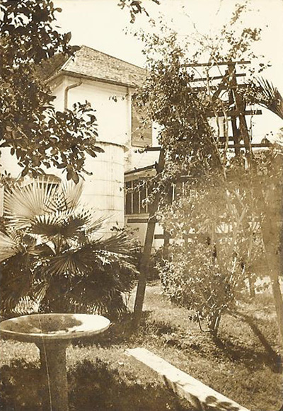 old sepia photograph of a bird bath, palm tree and other plants with a house in the background
